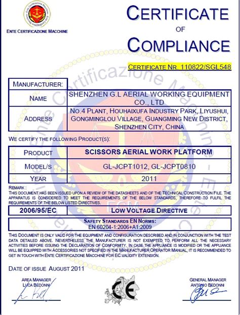 Ipaf Certification Shenzhen Gaoli Aerial Work Equipment Co Ltd