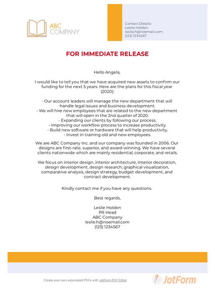 Press Release Email Template Pdf Templates Jotform