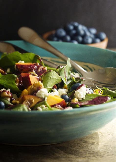 6 packed cups baby spinach 1 ½ cup english cucumbers (i used the mini variety), sliced 1 cup. Peach and Blueberry Spinach Salad | Recipe | Spinach ...