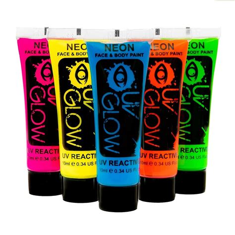Uv Glow Blacklight Neon Face And Body Paint 0 34oz Set Of 5 Tubes Fluorescent And Super Bright