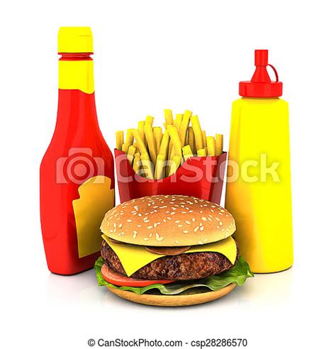 Hamburger French Fries Mustard And Ketchup On A White Background