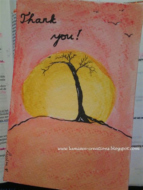 A Handmade Thank You Card With A Tree On The Top And An Orange Sky In