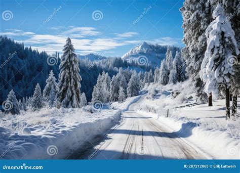Snowy Mountain Road Winding Through Trees Stock Photography Concepts
