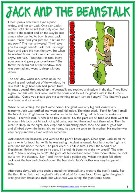 Jack And The Beanstalk Esl Reading Text Worksheet For Kids English