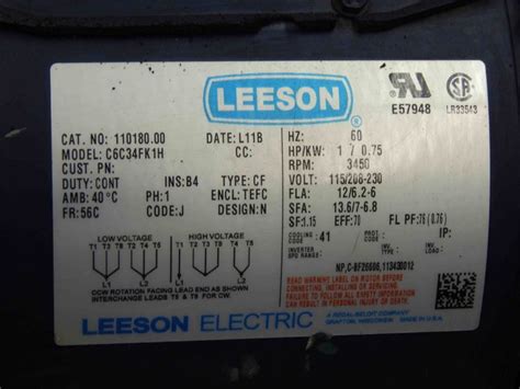 22 Leeson Electric Motor 11018000 C6c34fk1h 1 Hp 56c Frame 75 Kw