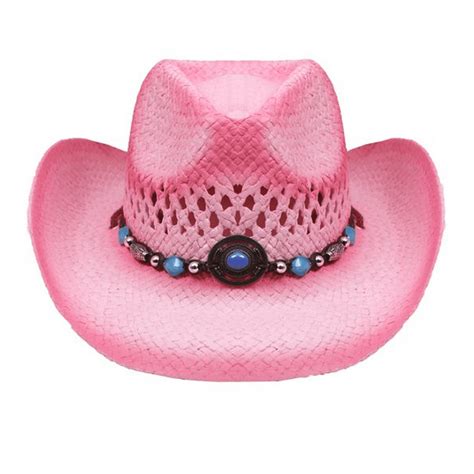 Coolk Pink Straw Cowboy Hat W Turquoise Blue Beads Women Western