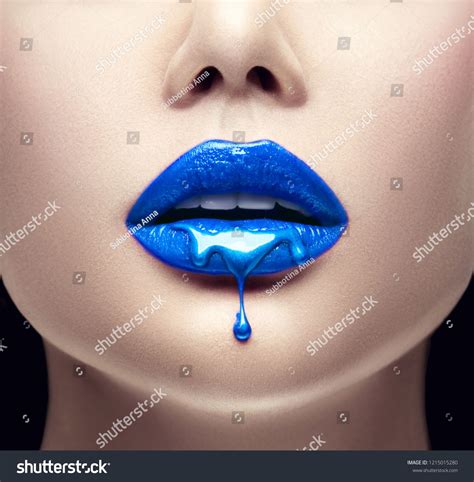 Lipstick Blue Paint Drips From The Lips Lipgloss Dripping From Sexy Lips Blue Liquid Drops On