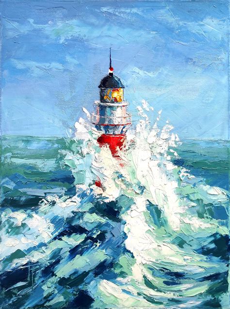 Lighthouse Oil Original Painting On Canvas Sea Waves Ocean Etsy