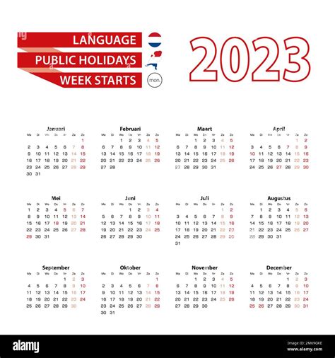 Calendario 2023 En Holandés Con Días Festivos En El País De Los Países