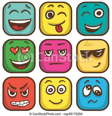 Set Of Colorful Emoticons Square Emoji Flat Vector Illustration