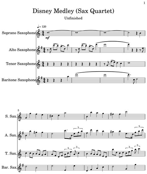 Disney Medley Sax Quartet Sheet Music For Soprano Saxophone Alto