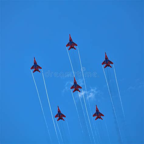 Airshow Of The Aerobatic Team Strizhi The Swifts Aerobatic Team On Fighters Mig 29 Russian