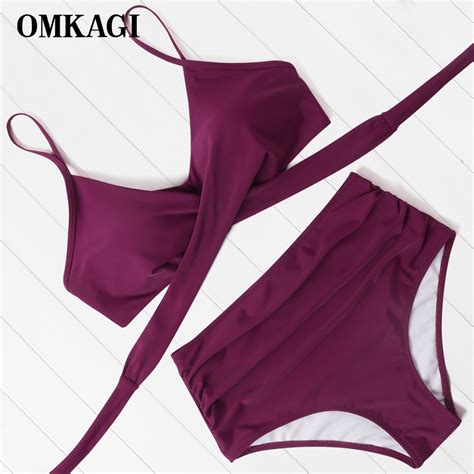 Omkagi Swimwear Women Solid Bikini Set Sexy Bandage Swimsuit Print Womens Bathing Suits High