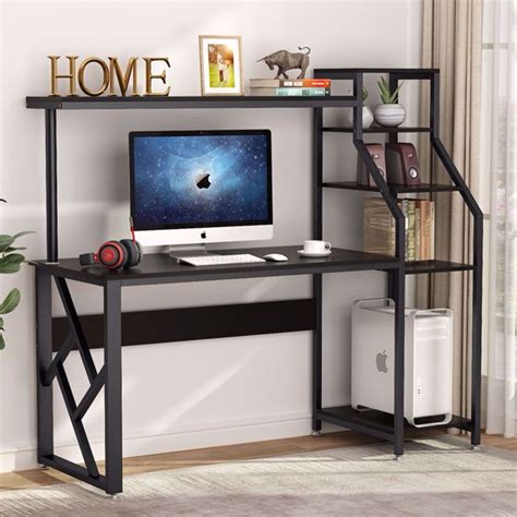Desktop has a section that can be fixed in 12 different positions. Tribesigns Computer Desk with 4-Tier Storage Shelves, 60 inch Large Rustic Office Desk Computer ...