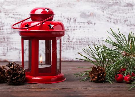 Red Christmas Lantern With Candle Stock Photo Image Of Powdered