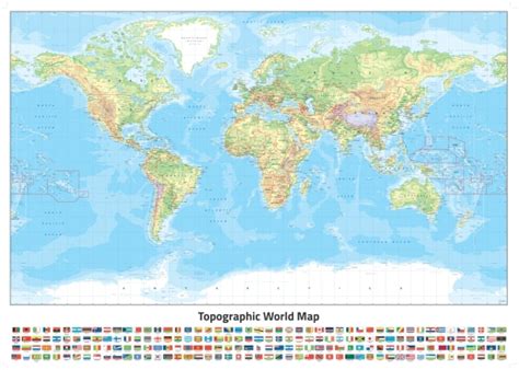 World Topographic Map With Flags Miller Projection By Oxford Cartographers