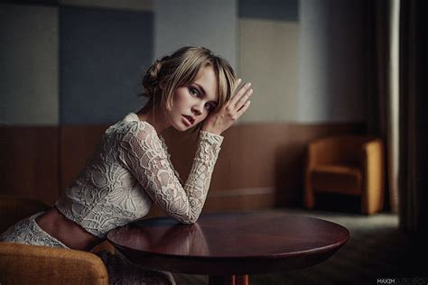 Sitting Looking At Viewer Anastasia Scheglova Blonde Table Women Model Hd Wallpaper