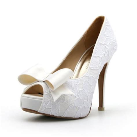 Lace White Wedding Shoe With Bow Peep Toe Lace White Bridal Heel