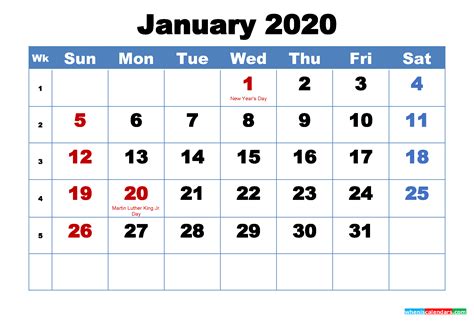 January 2020 Desktop Calendar Free Download