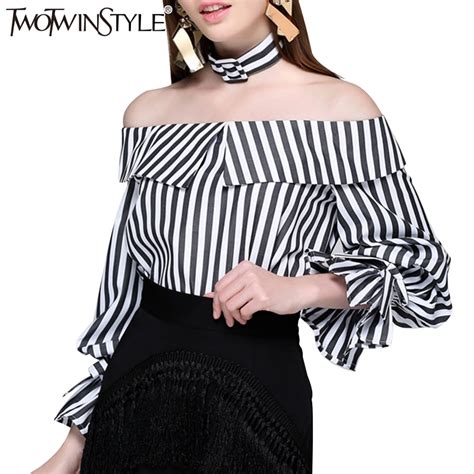 Twotwinstyle 2019 Striped Womens Blouses Shirts Female Summer Sexy Off Shoulder Slash Neck Tops