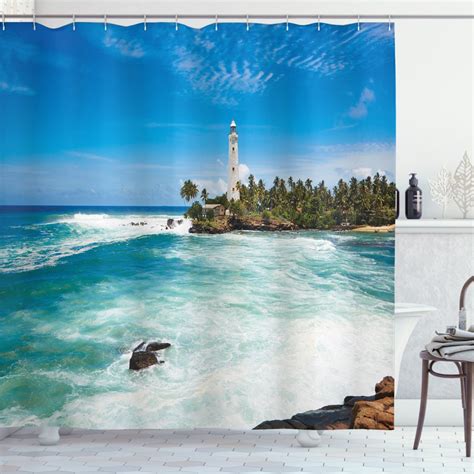 Lighthouse Decor Shower Curtain Set Tropical Island Lighthouse With