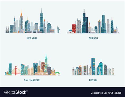 Usa Cities Skylines Set Royalty Free Vector Image