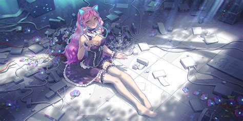 Wallpaper Anime Cat Girl Flowers Cyber Cybergirl Cyberpunk