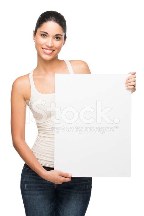 Happy Woman Holding A White Sign Stock Photo Royalty Free FreeImages