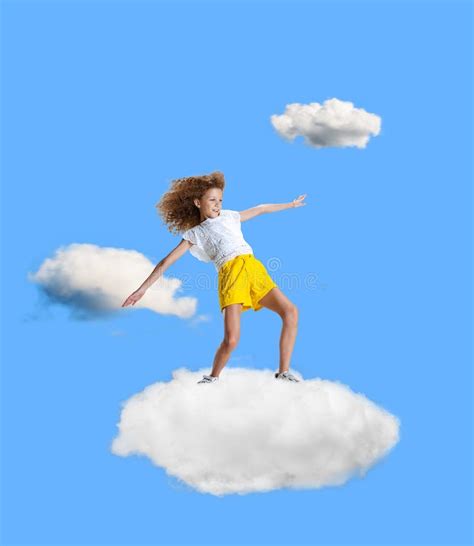 Creative Collage With Little Girl Standing On White Cloud And Flying At