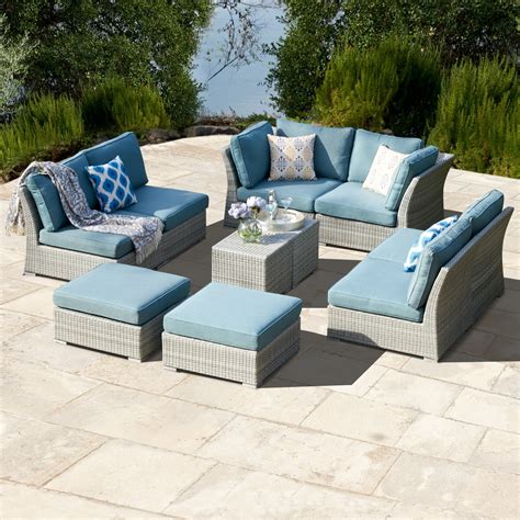 Corvus 10 Piece Grey Wicker Patio Furniture Set With Blue Cushions