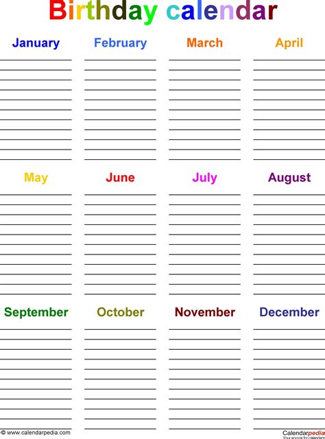 12 Month Birthday Calendar Template In 2020 Birthday Calendar