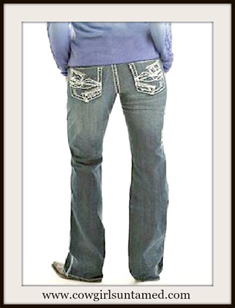 Cowgirl Tuff Jeans Womens Patchwork And Crystal Pocket Boot Cut Jeans Patchwork And Crystal