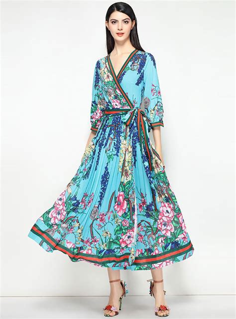 V Neck Floral Printed Pleated Maxi Dress Fancylooks