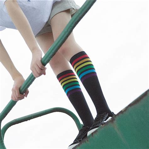 Snowshine Ylw 1pair Thigh High Socks Over Knee Rainbow Stripe Girls Socks Black White In