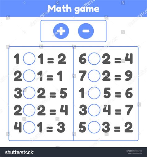 Math Game Plus Minus Worksheet Kids Stock Vektor Royaltyfri 1912383196