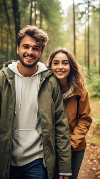 premium ai image a man and a woman walking in the woods