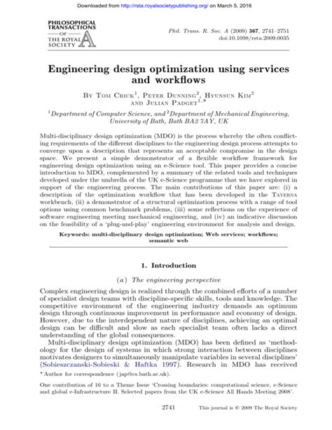 Engineering Design Optimization Using Services And Workflows