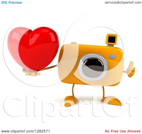 Clipart Of A 3d Yellow Camera Character Holding A Heart And A Thumb Up