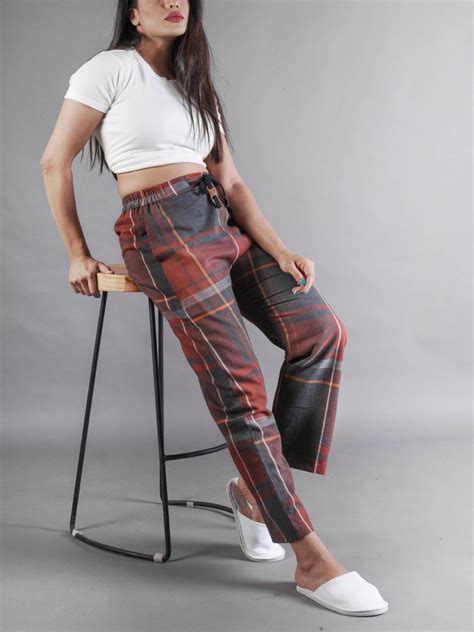 Maroon Grey Checkered Flannel Cabin Pants For Women Bombay Trooper