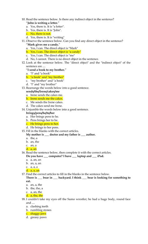 Answer Key Of English Monthly Test I Grade 5 Sd Bps