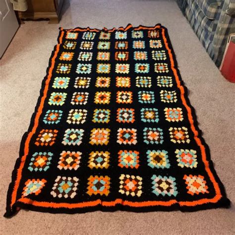 Vintage Granny Square Black Afghan Crochet Throw Blanket Handmade X