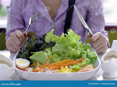 Woman With Knife And Fork Eating Salad Healthy Me Stock Photos Image