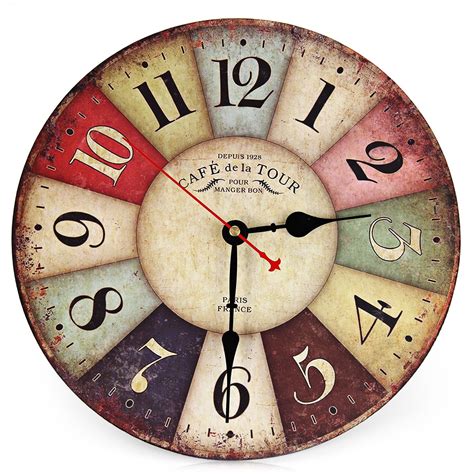 Silent Colorful Wooden Decorative Round Wall Clock Retro Vintage Style