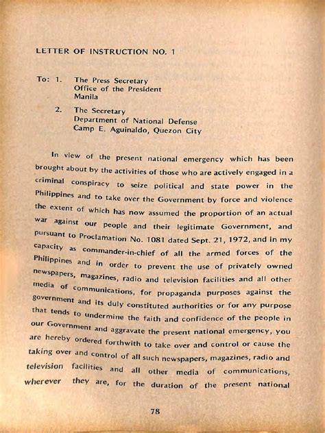 The warm description of trump contrasts with the frosty. Ferdinand Marcos' Letter of Instruction No. 1