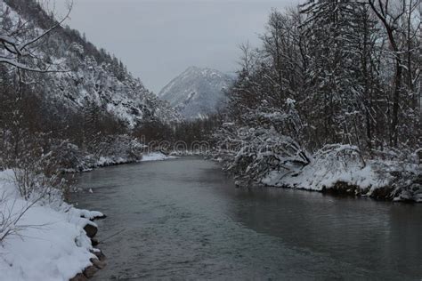 Snowy Landscape View In Bavaria River Loisach Oberbayern Stock Image