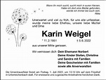 Traueranzeigen von Karin Weigel | trauer.nn.de