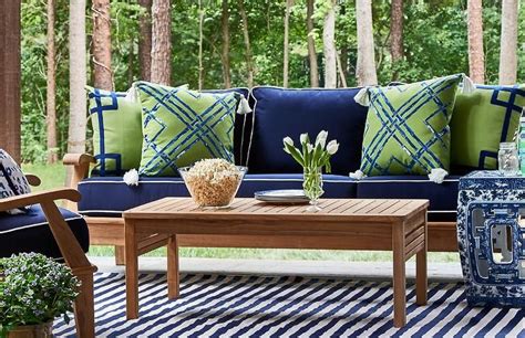 The price is for the cushions only, furniture not included! Teak Outdoor Sofa with Blue Cushions and Green and Blue ...