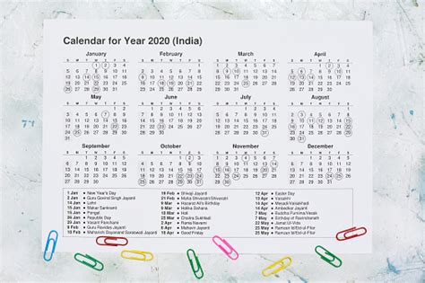 2020 Yearly Calendar With Indian National Holidays Stock