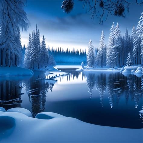 Premium Ai Image A Winter Scene With A Lake And Trees Covered In Snow
