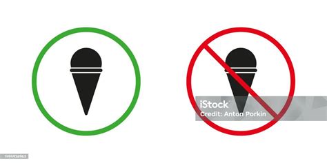 아이스크림 규칙 실루엣 아이콘이 설정된 허용 및 금지 입장 음식 구역 빨간색과 녹색 경고 기호를 먹습니다 정보 기호 격리된 벡터 그림 경고 기호에 대한 스톡 벡터 아트 및